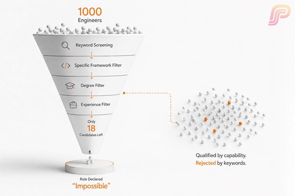 Funnel diagram showing 1000 engineers narrowed down through keyword screening, framework filters, degree filters, and experience filters to only 18 candidates left, with the role declared impossible to fill