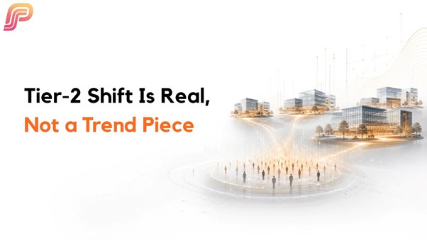 Illustration of connected city skylines with glowing pathways and human figures converging toward them, with text reading Tier 2 shift is real, not a trend piece