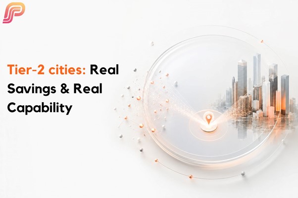 Translucent glass sphere containing a glowing city skyline with a location pin at its center, representing tier 2 cities as hubs of real savings and real technology capability