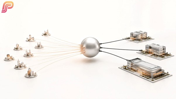 Diagram showing several small city models connected by lines through a central metallic sphere to three large modern buildings, representing Global Capability Centers pulling talent and compensation benchmarks across cities