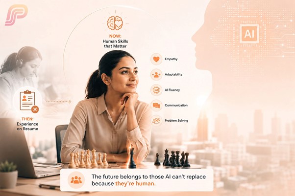 Woman sitting at a desk with a chess board, with icons listing human skills like empathy, adaptability, AI fluency, communication, and problem solving, contrasted with a crossed-out resume icon labeled experience