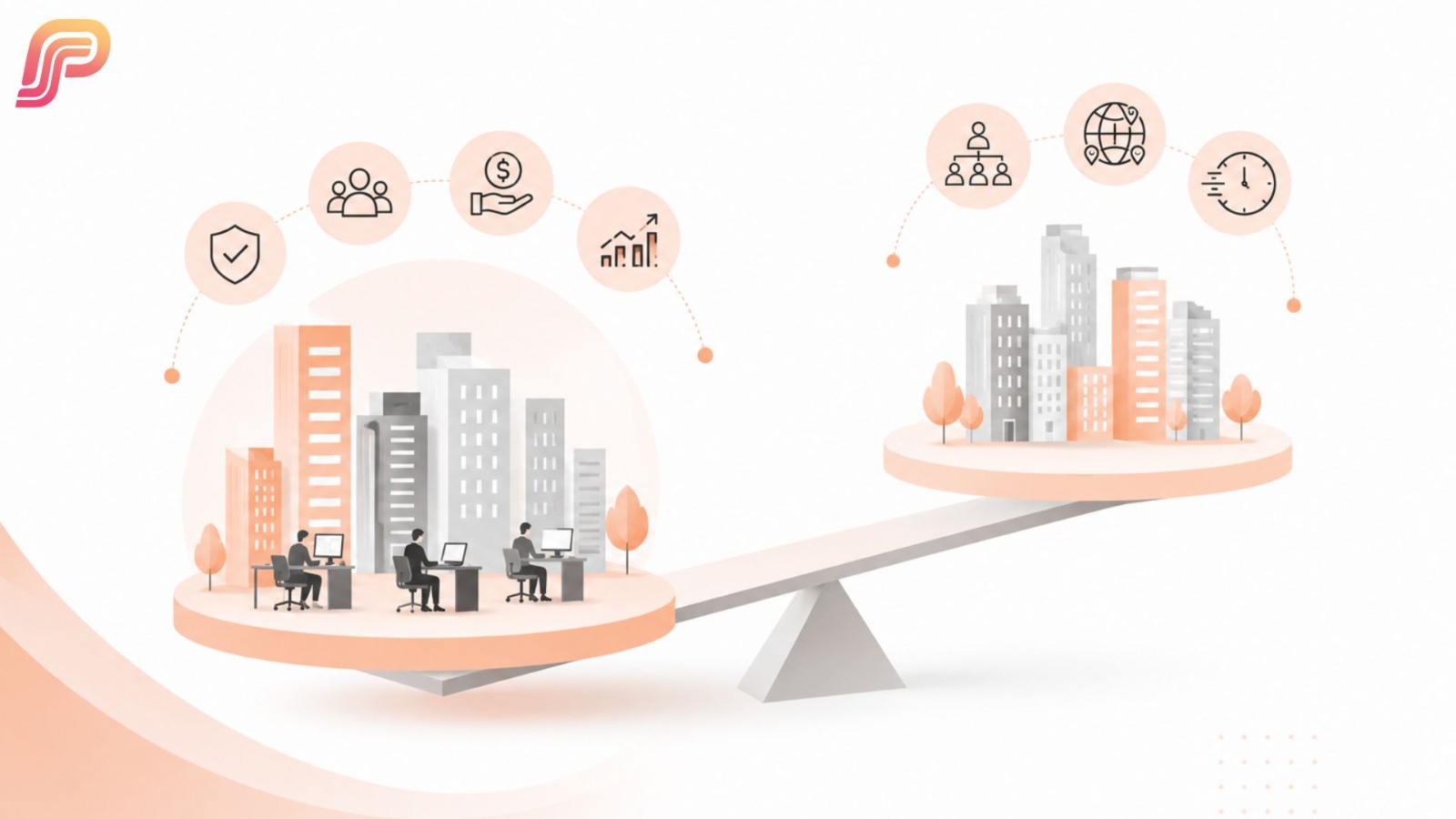 Seesaw illustration balancing a tier 2 city with employees at desks under icons for security, team, cost, and growth, against a tier 1 city skyline under icons for leadership, global reach, and speed