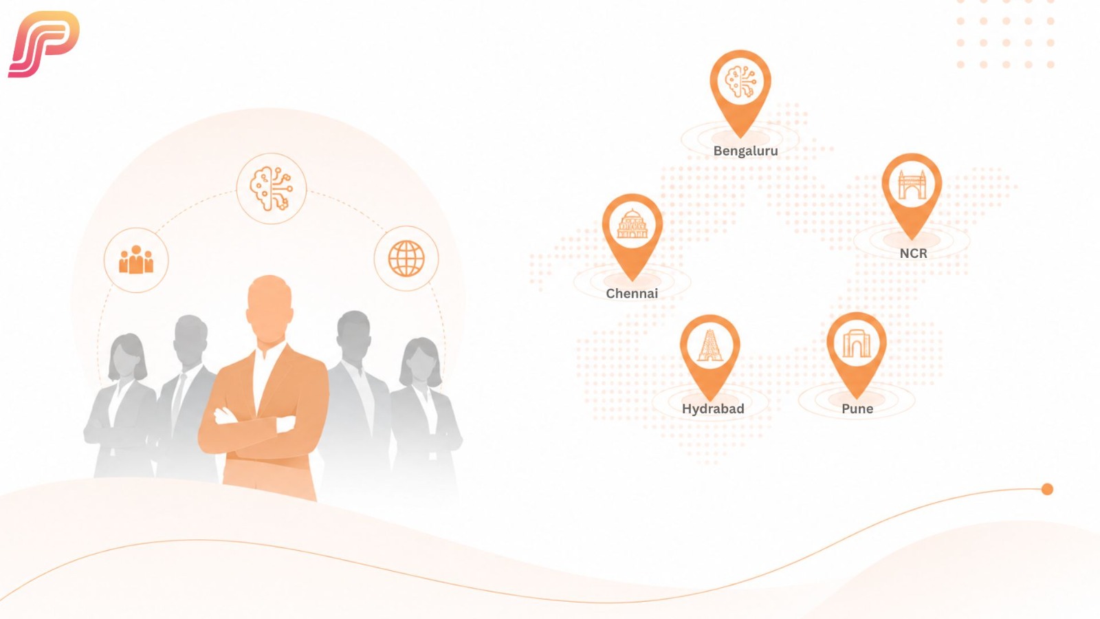 Illustration of confident business leaders in front of location pins marking Bengaluru, Chennai, Hydrabad, Pune, and NCR on a map of India, with icons for people, AI, and global reach