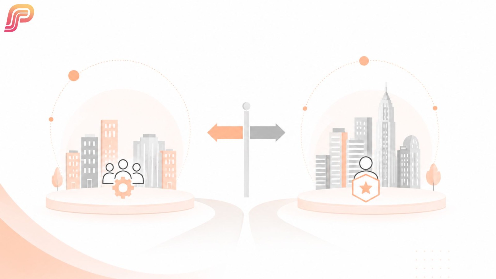 Signpost pointing left and right between two city skylines, one marked with a team and gear icon representing execution roles and one marked with a star badge representing leadership roles