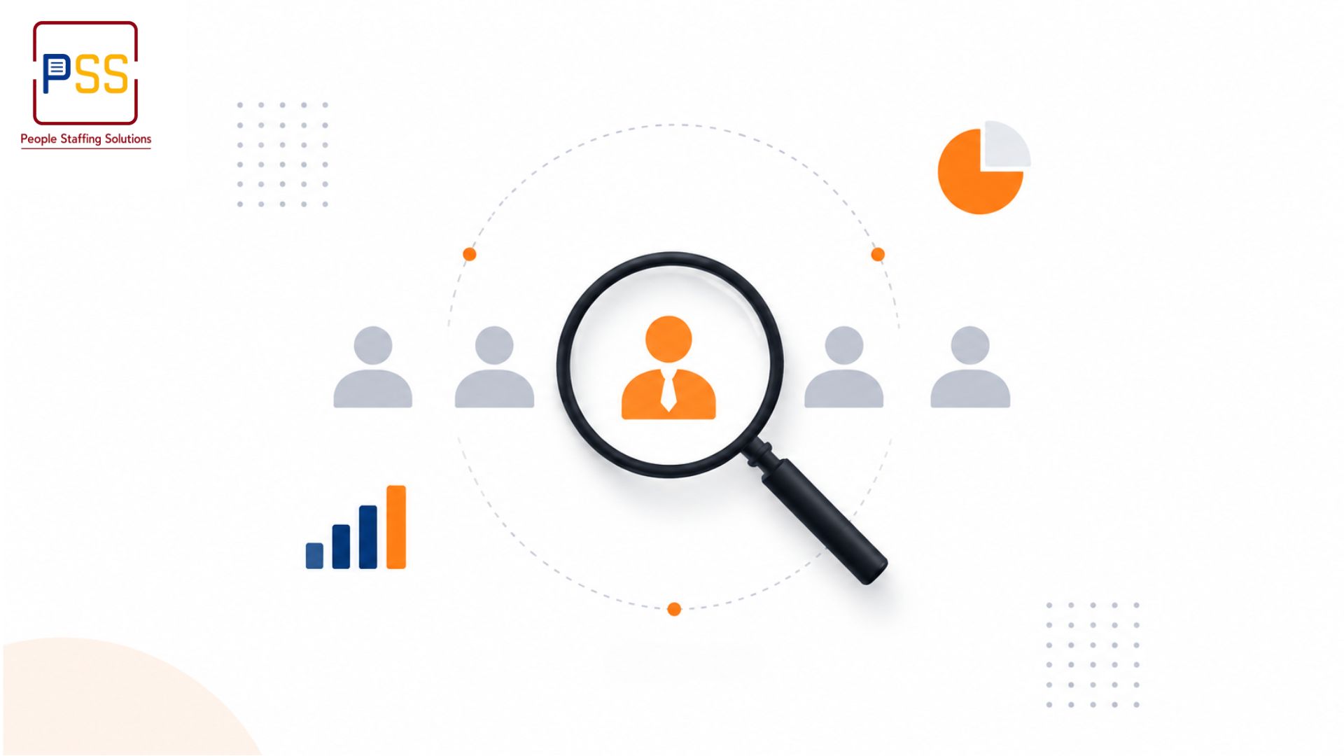 Magnifying glass highlighting one orange figure among a row of grey silhouettes, with a small bar chart and pie chart in the background