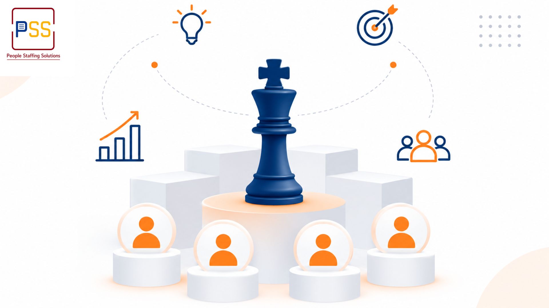 Illustration of a large chess king piece elevated on a central podium above four smaller orange figures arranged around it, with a growth arrow and team icon nearby