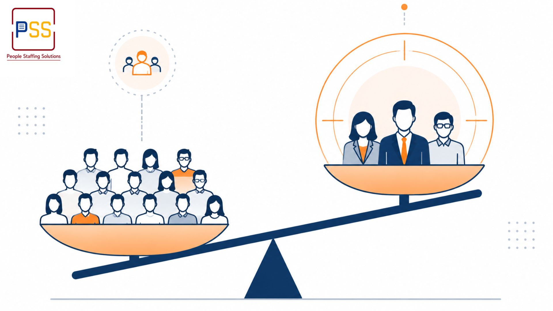 Scale illustration balancing a large crowd of grey and orange figures on one side against a smaller group of three senior professionals highlighted in a spotlight on the other side