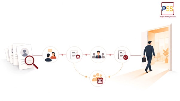 Sequence of icons showing resume screening, candidate conversation, evaluation, decision making, scheduling, and offer approval, leading to a professional walking through an office door