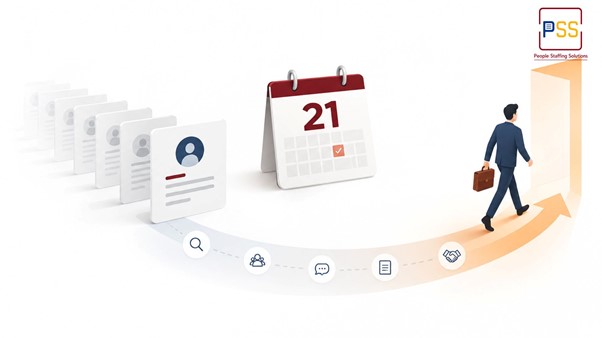 Row of candidate profile cards leading to a calendar marked with the number 21 and a checkmark, followed by icons for search, interview, communication, and handshake, ending with a professional walking forward