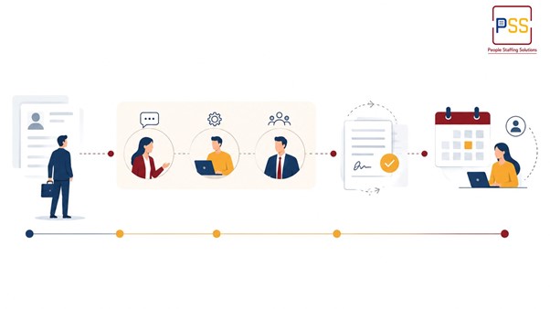Timeline showing a candidate profile connecting to three interviewers representing a hiring manager screen, technical assessment, and leadership round, followed by a signed offer document and a calendar with a scheduled start date