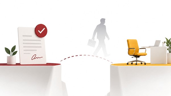 Signed document with a checkmark on one podium connected by a dotted path to an empty desk and yellow office chair on another podium, with a faded silhouette of a professional walking between them