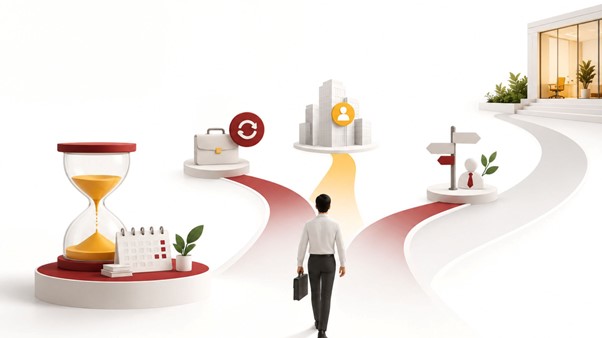 Professional walking along a winding path past an hourglass and calendar, a briefcase with a refresh icon, a building with a figure, and a signpost, leading toward an office entrance