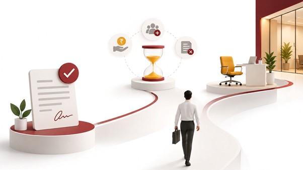 Signed offer document connected to an hourglass surrounded by icons for compensation, competing offers, and a crossed out document, leading to an empty office desk as a professional walks toward it