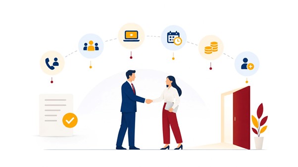 Two professionals shaking hands beneath six icons representing a phone call, team introduction, laptop access, scheduling, compensation, and a new hire, next to a signed document and an open office door