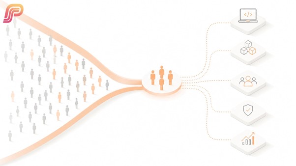 Funnel diagram showing a large crowd of grey figures narrowing down to a small group of orange figures, branching out to icons representing coding, architecture, leadership, security, and growth