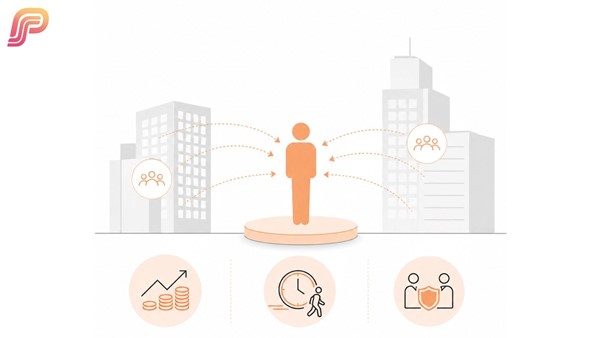 Illustration of a figure standing between two buildings with arrows pulling from both sides, with icons below representing compensation growth, shorter notice periods, and counter offer behavior