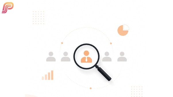 Magnifying glass highlighting one orange figure among a row of grey silhouettes, with a small bar chart and pie chart in the background