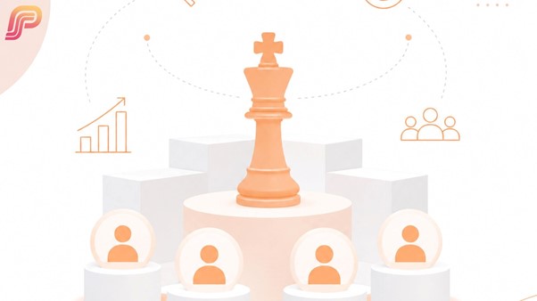 Illustration of a large chess king piece elevated on a central podium above four smaller orange figures arranged around it, with a growth arrow and team icon nearby