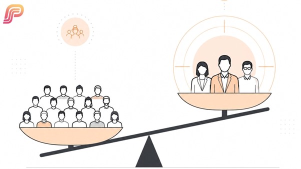 Scale illustration balancing a large crowd of grey and orange figures on one side against a smaller group of three senior professionals highlighted in a spotlight on the other side