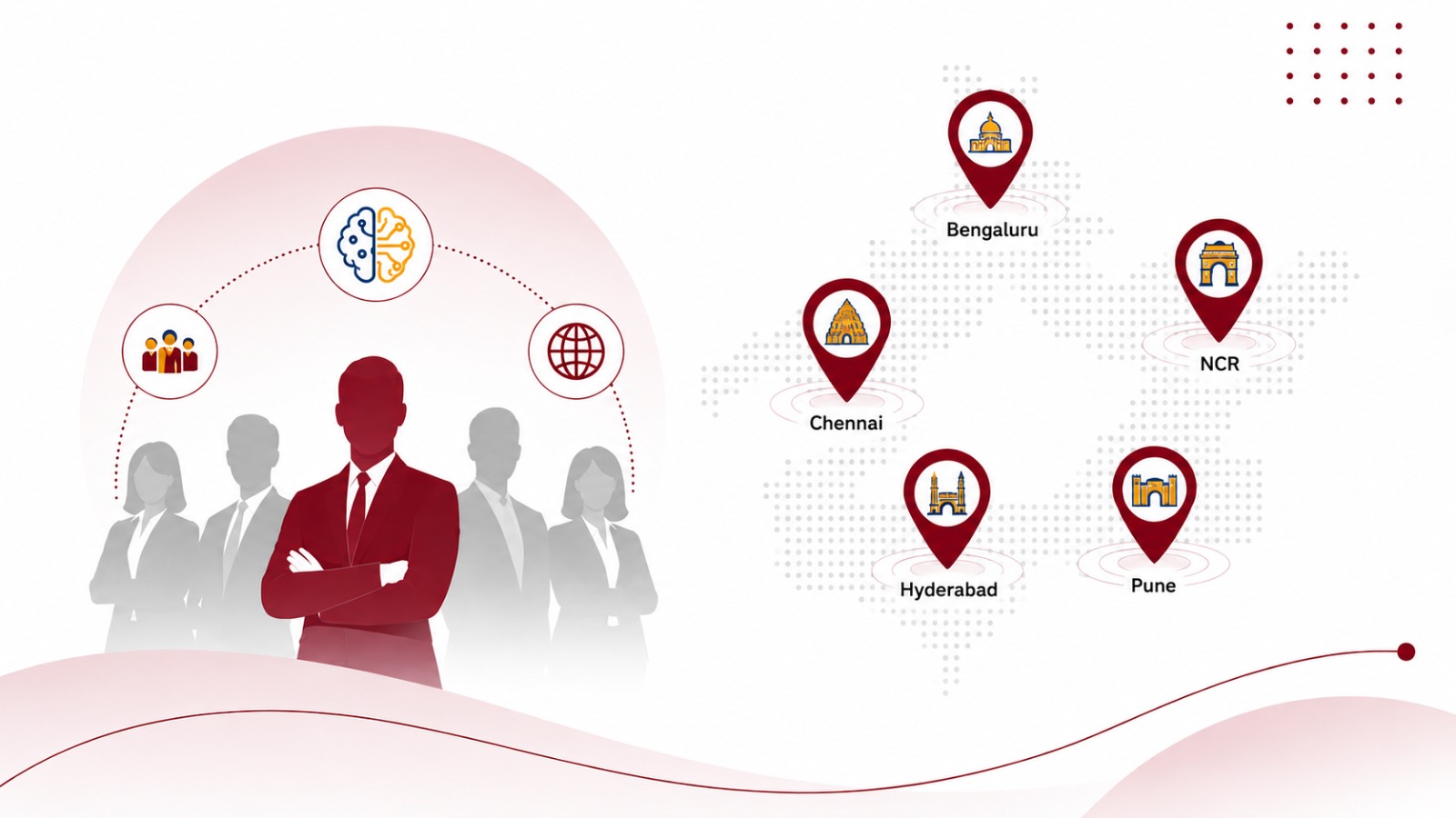 Illustration of confident business leaders in front of location pins marking Bengaluru, Chennai, Hydrabad, Pune, and NCR on a map of India, with icons for people, AI, and global reach