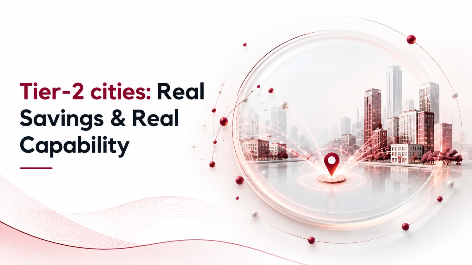 Translucent glass sphere containing a glowing city skyline with a location pin at its center, representing tier 2 cities as hubs of real savings and real technology capability