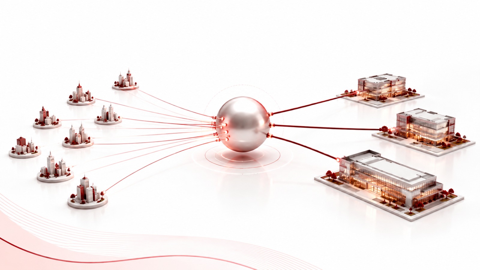 Diagram showing several small city models connected by lines through a central metallic sphere to three large modern buildings, representing Global Capability Centers pulling talent and compensation benchmarks across cities